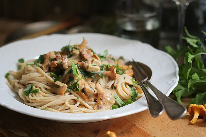 Pfifferling-Pasta mit einer cremigen Bohnen-Alfredo-Soße