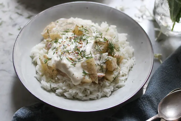 Vegane Schmorgurke auf Reis in einer Schale mit frischem Dill