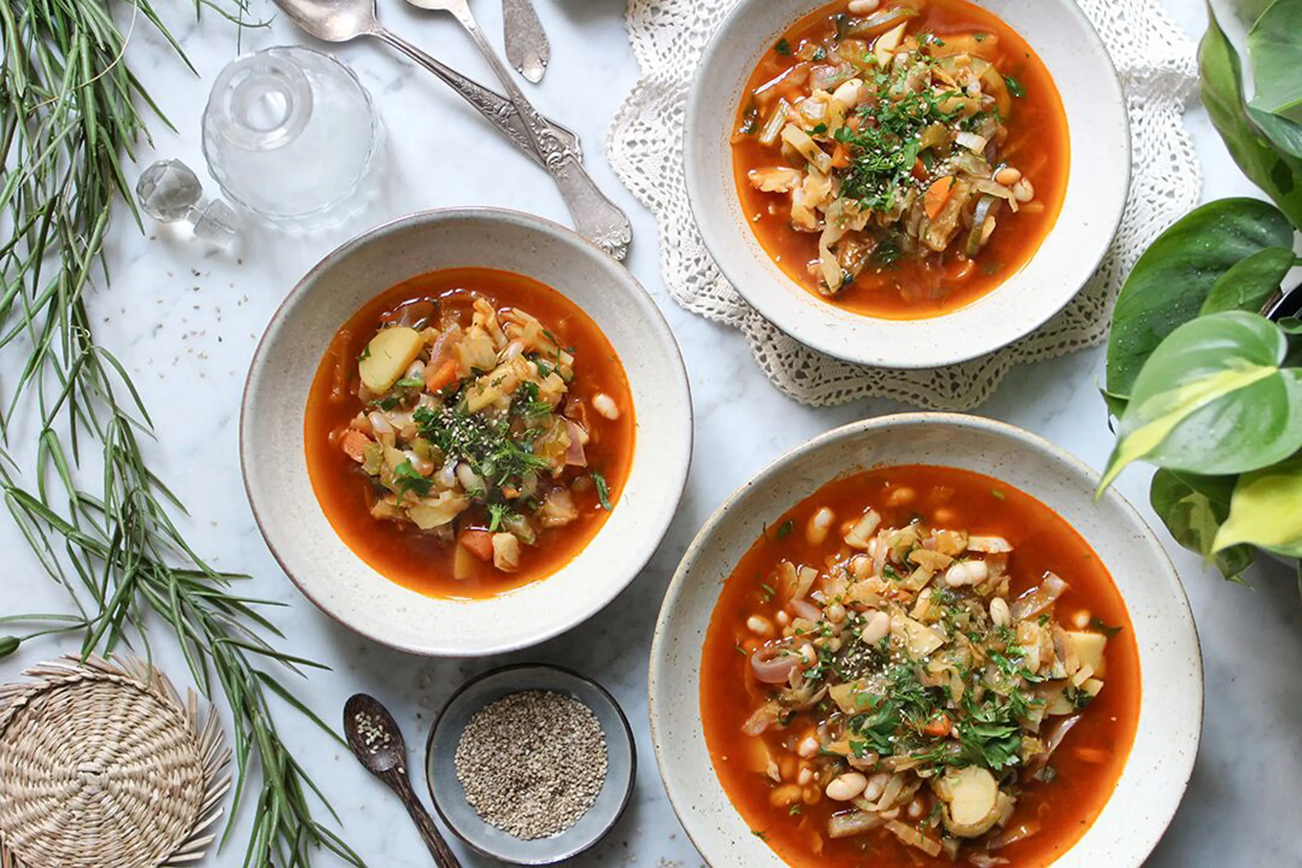 Vegane Minestrone mit Bohnen, Kohl, Kartoffeln und Fenchel