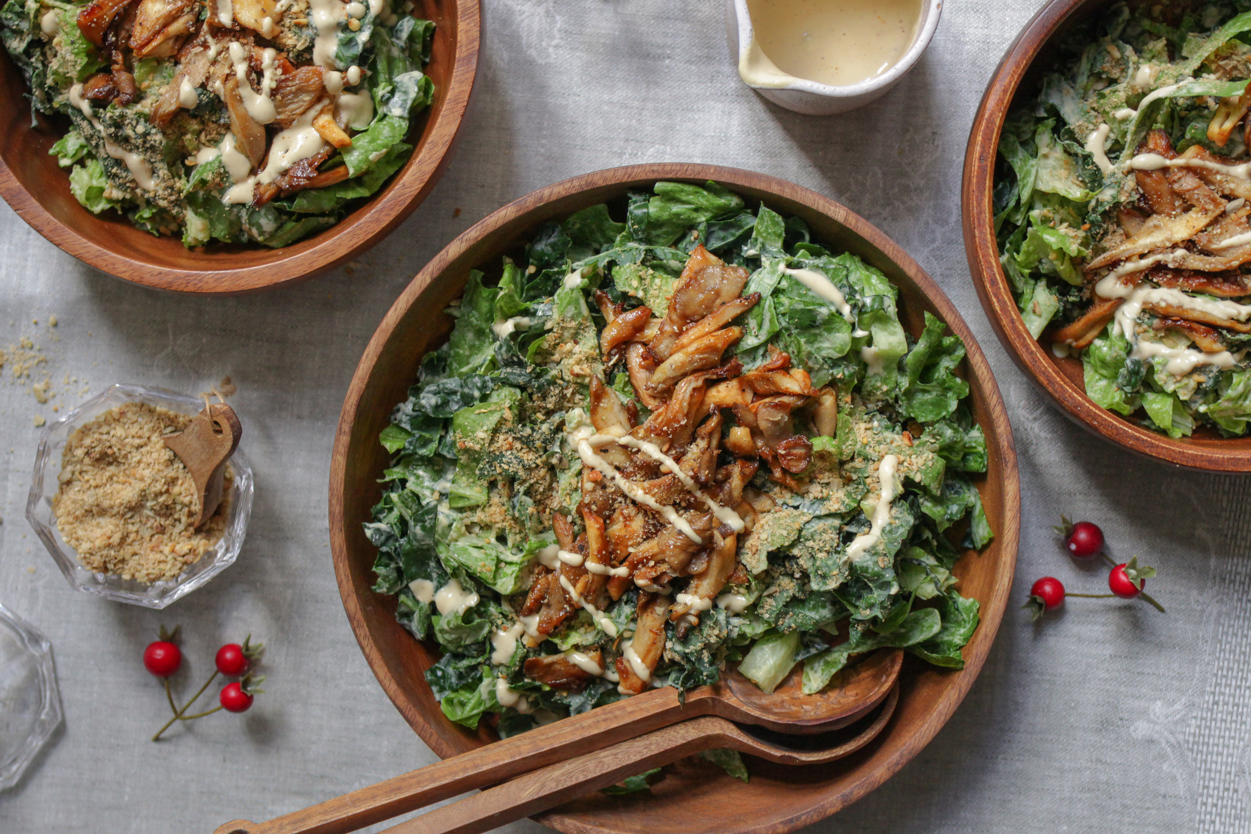 Vorspeise veganes Weihnachtsmenü 2019: Caesar Salat mit Austernpilzen