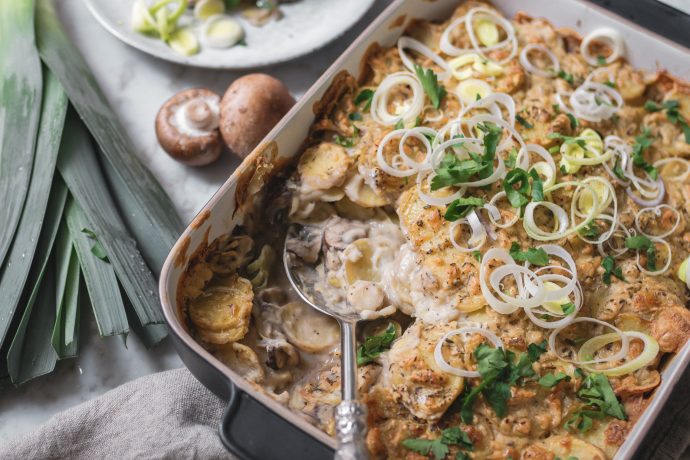 Veganes Kartoffel-Lauch-Gratin