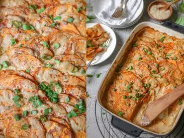 Veganes Süßkartoffelgratin mit Hefeschmelz