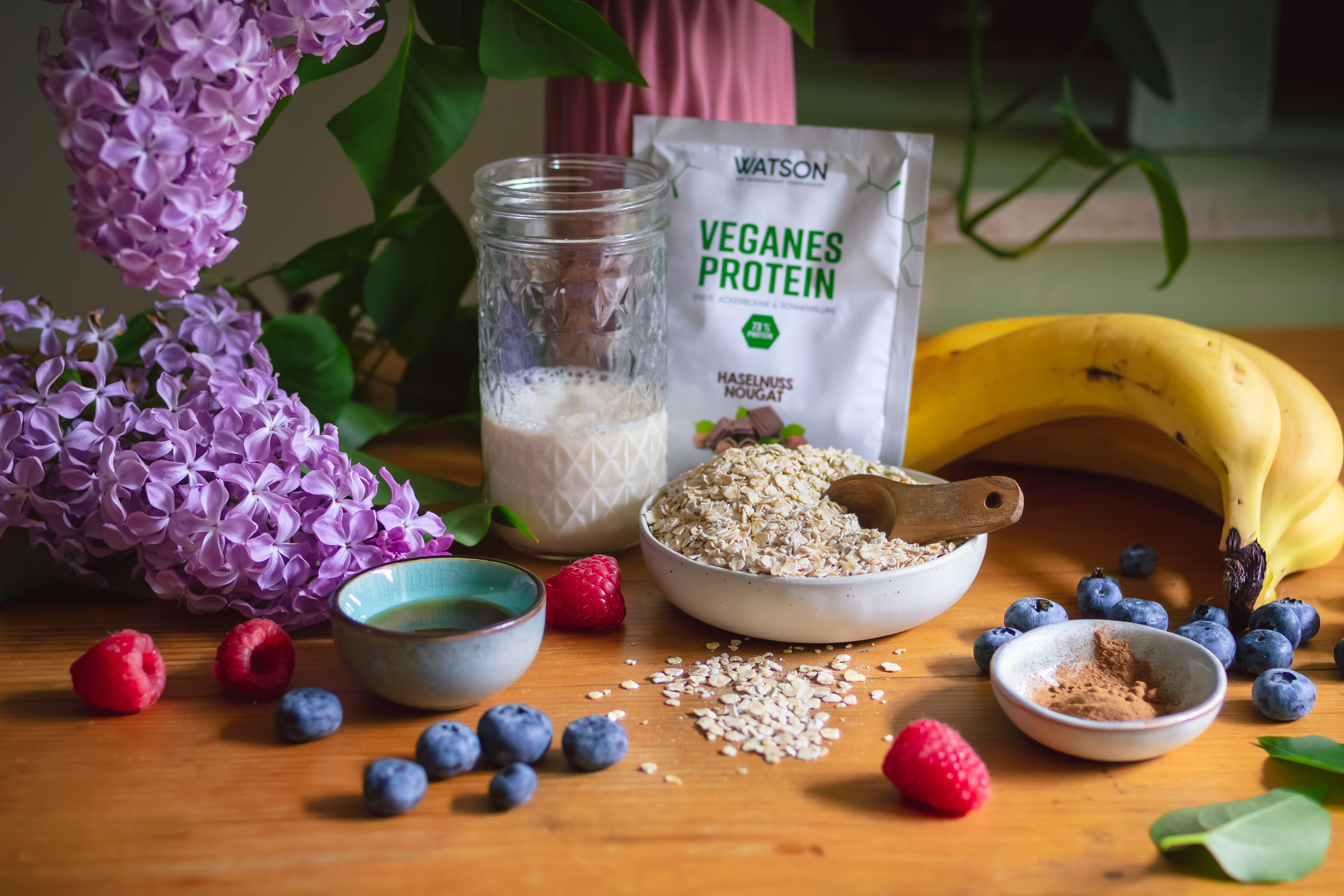Zutaten für vegane Protenpancakes mit Watson Protein