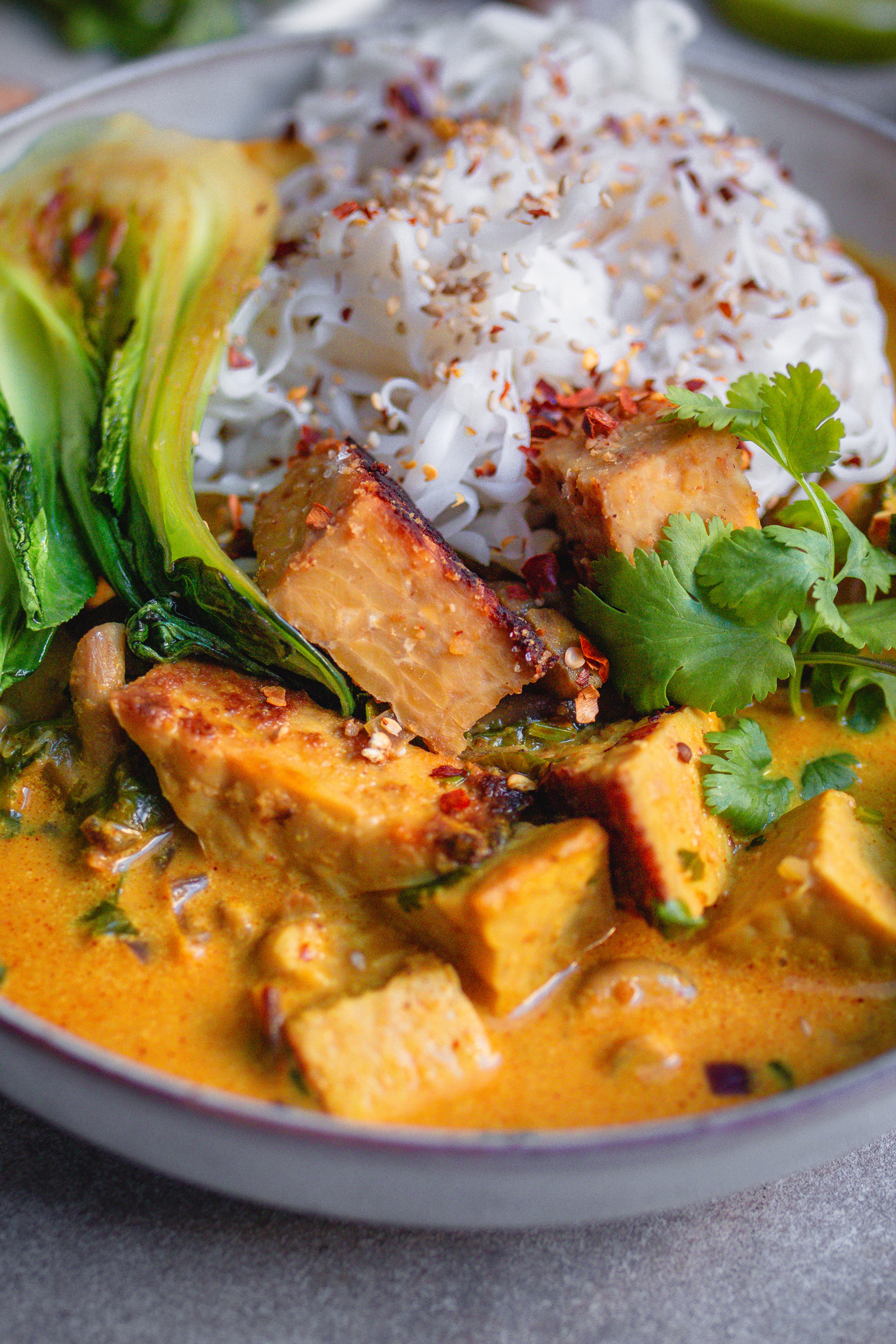 Rotes Tempeh-Curry mit Pak Choi und Reisnudeln