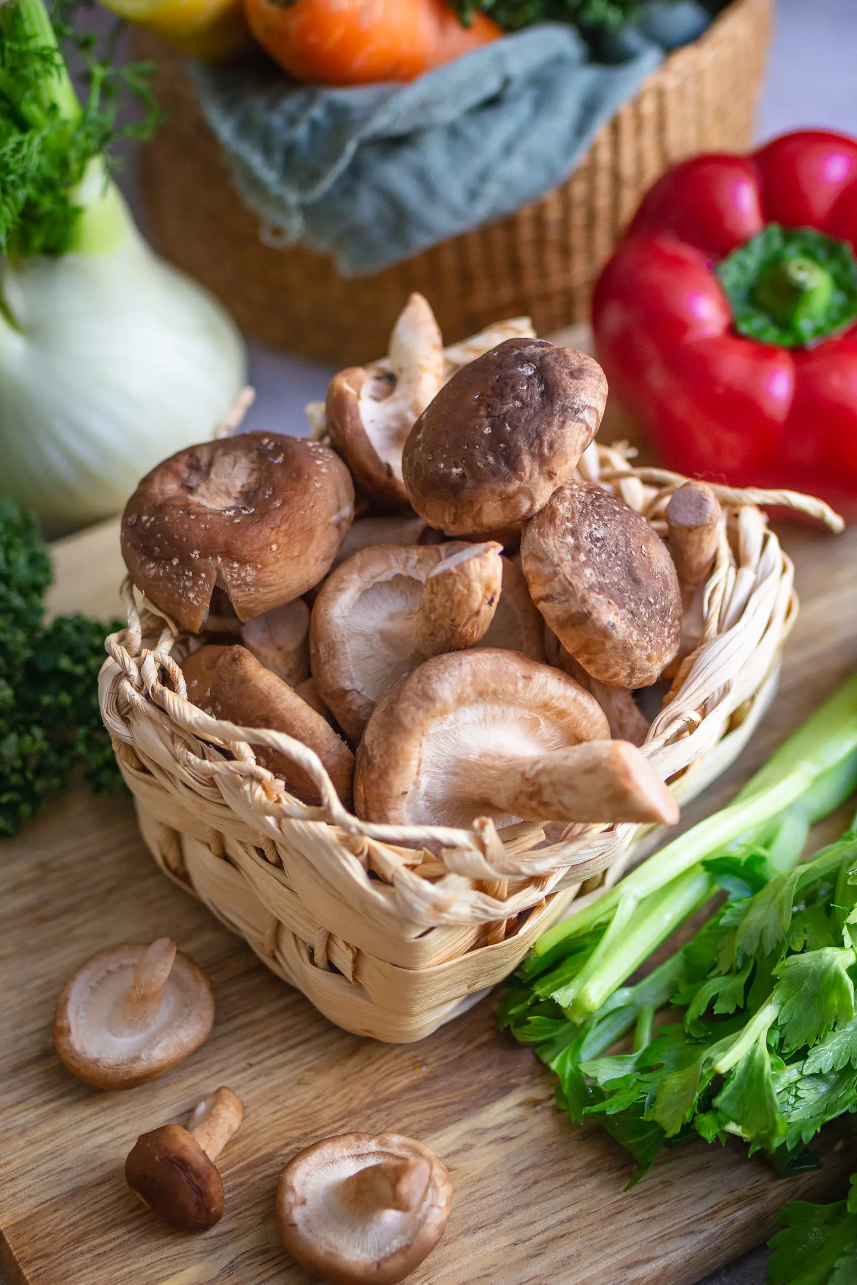 Shiitake Pilze in einem Körbchen