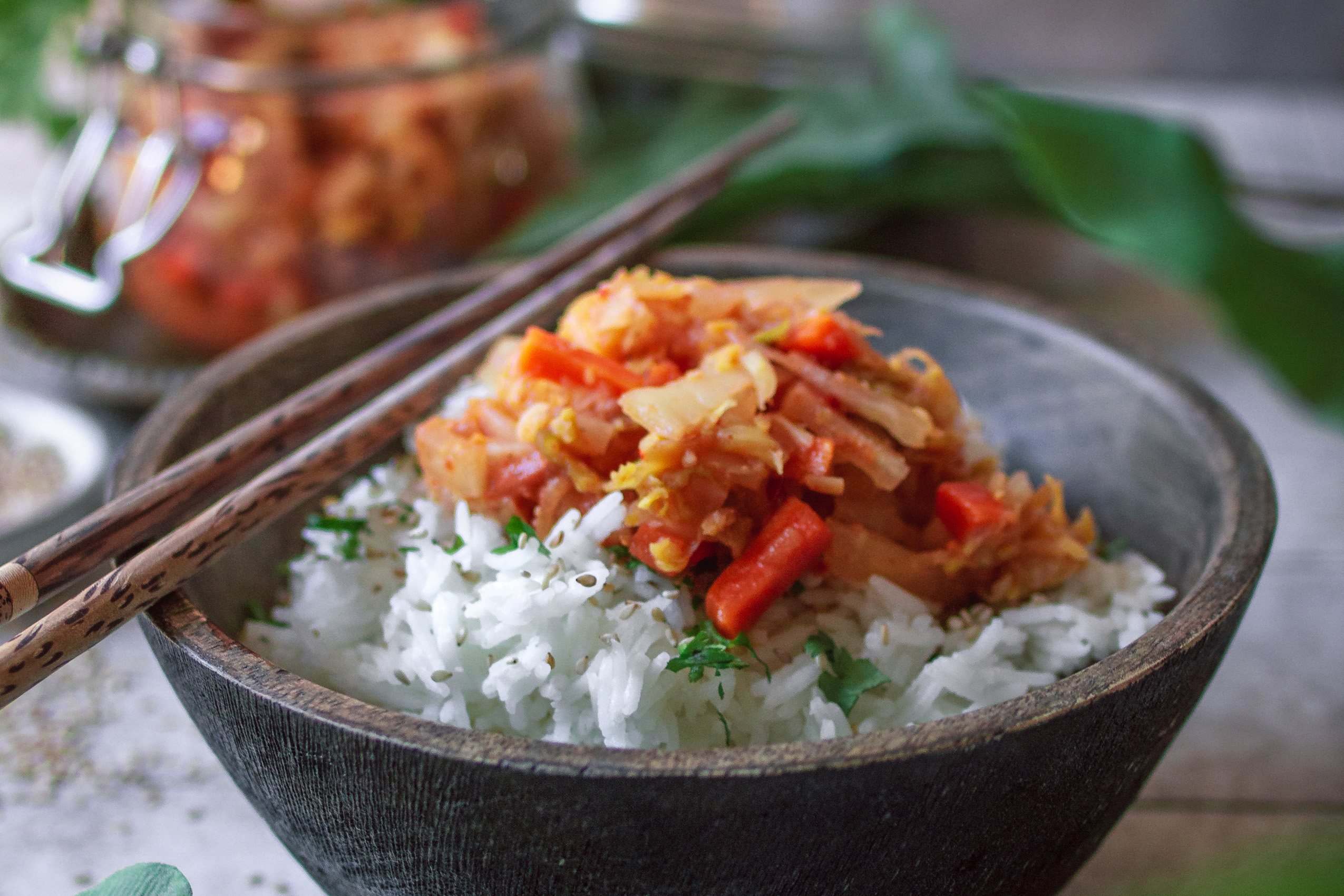 Kimchi auf einer Schale mit Reis - Artikel über die Kunst des Fermentierens