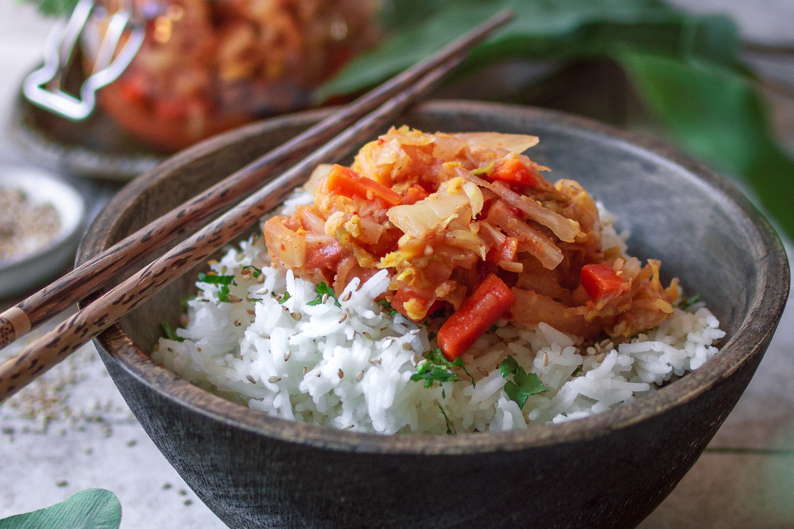 Kimchi auf einer Schale mit Reis - Artikel über die Kunst des Fermentierens