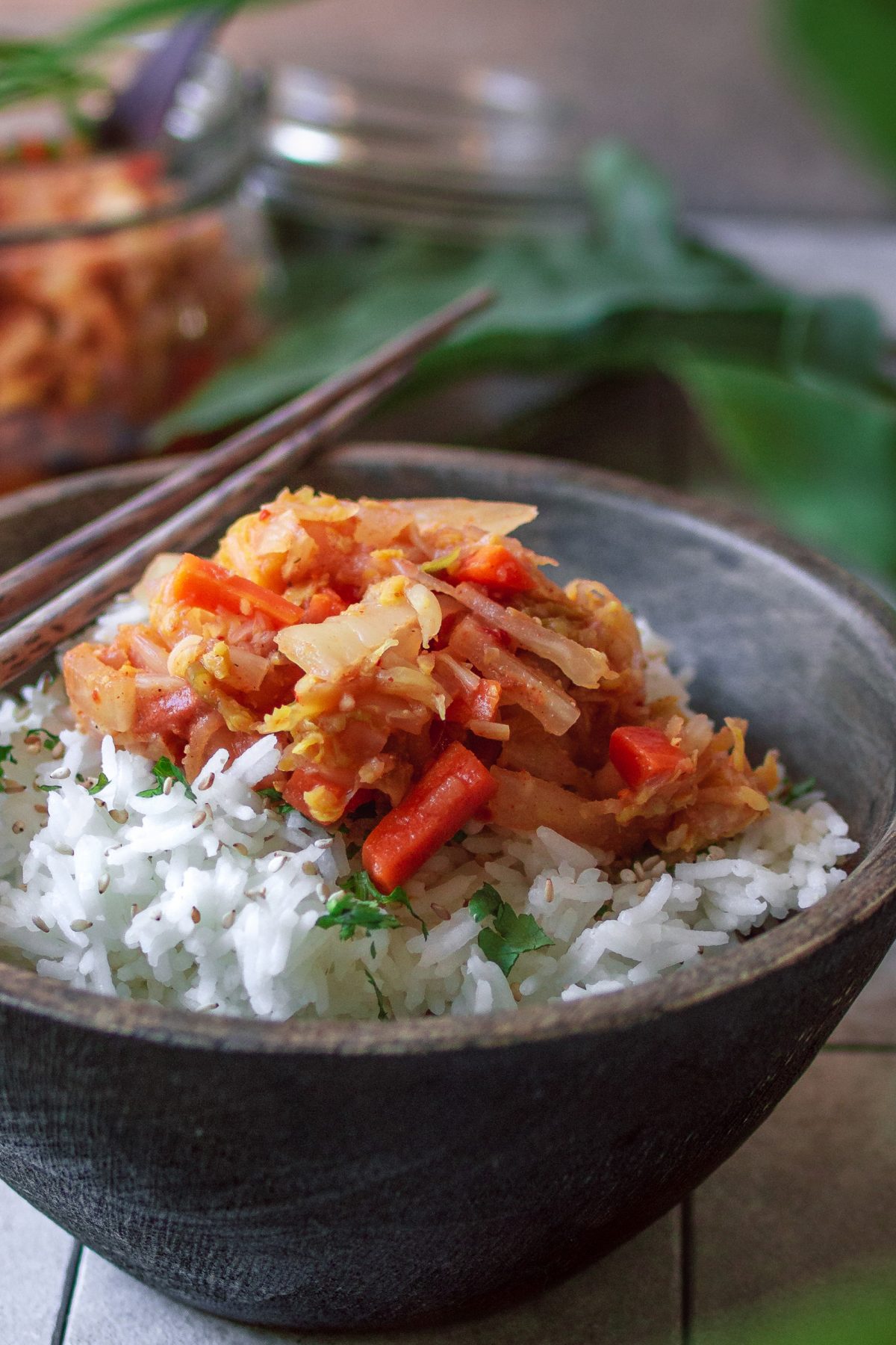 Kimchi auf einer Schale mit Reis - Artikel über die Kunst des Fermentierens