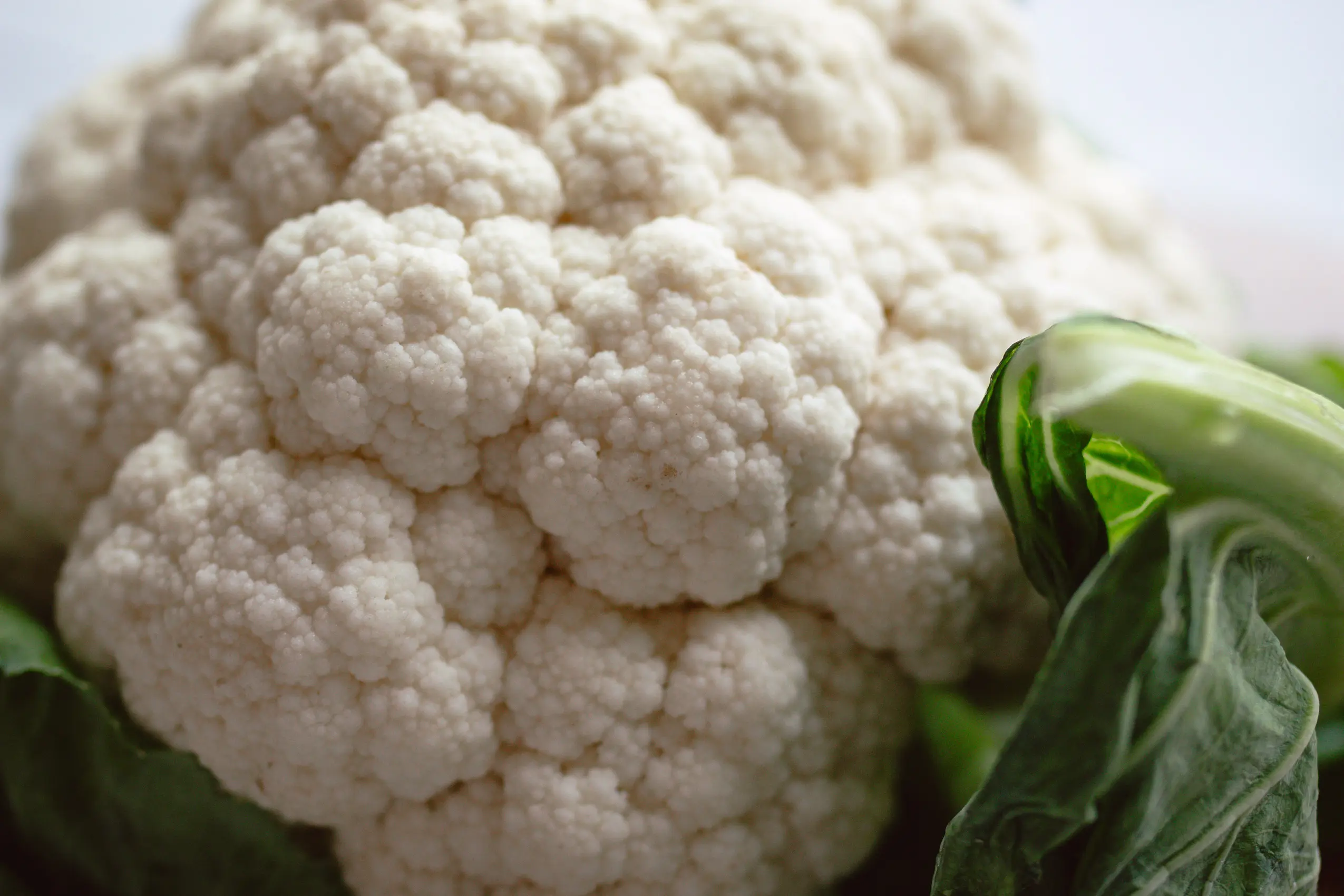 Nahe Aufnahme eines frischen Blumenkohls mit saftigen Blättern