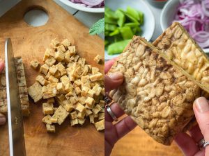 Tempeh in feine Würfel schneiden