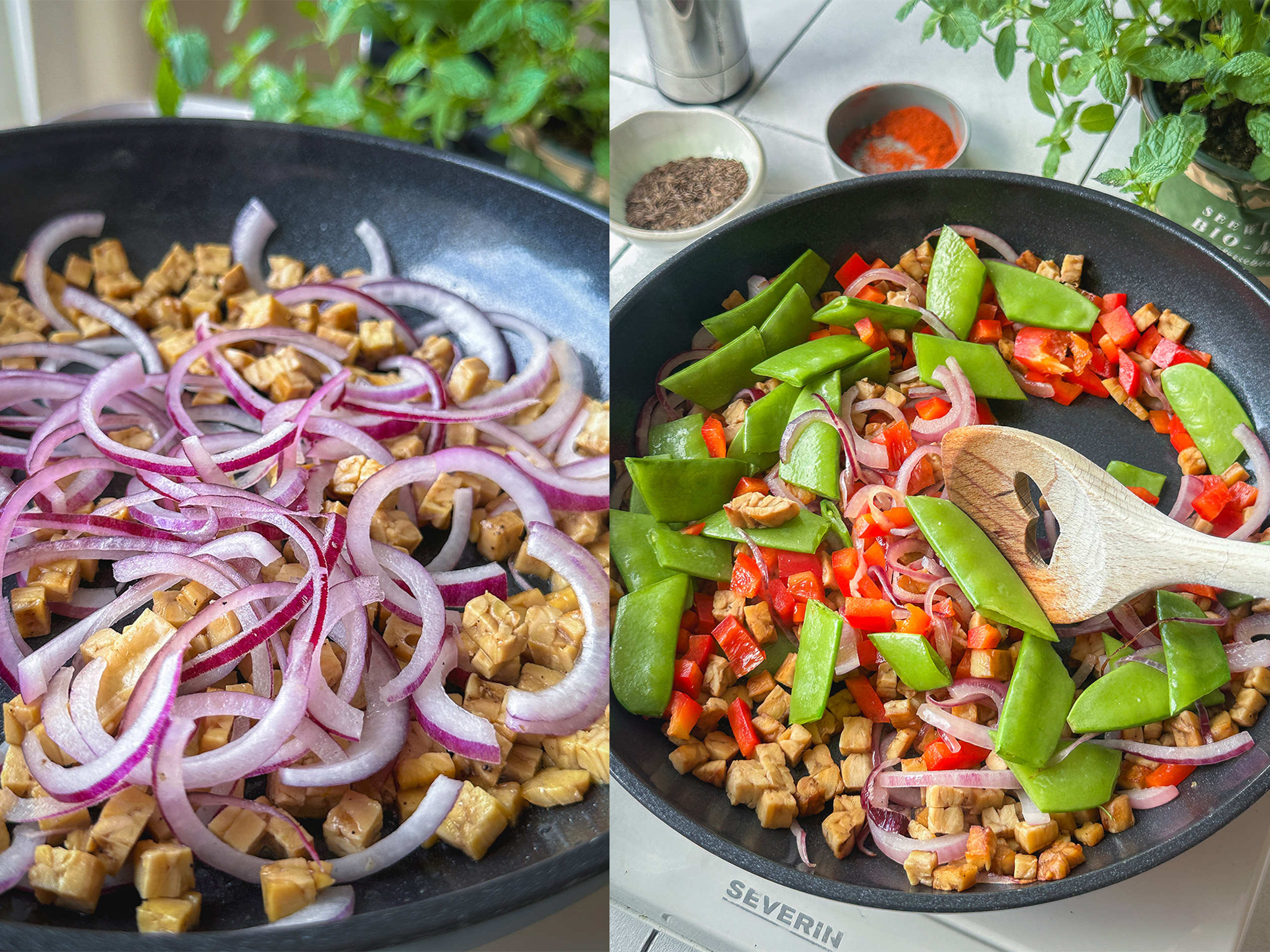 Vegane Toppings mit Tempeh für Bratkartoffeln
