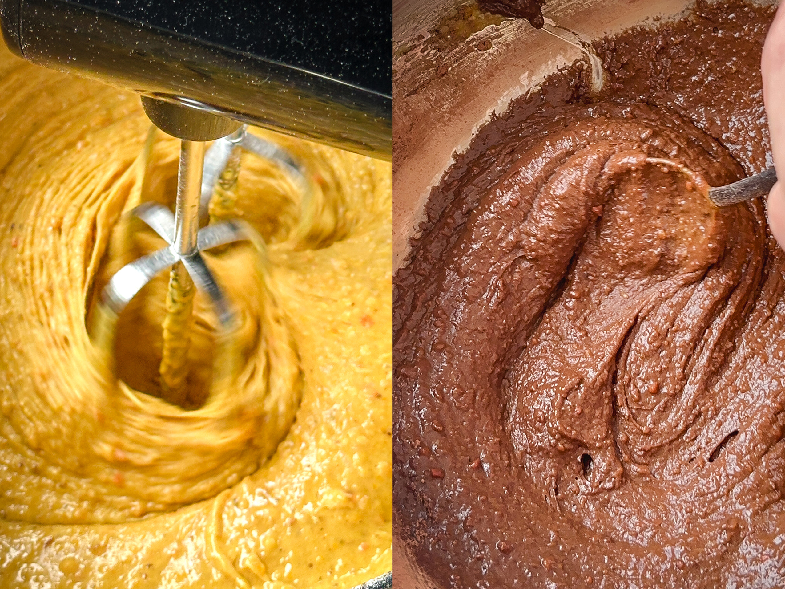Heller Kürbisteig und Schokoladenteig in zwei Schüsseln für Kürbis-Schokokuchen