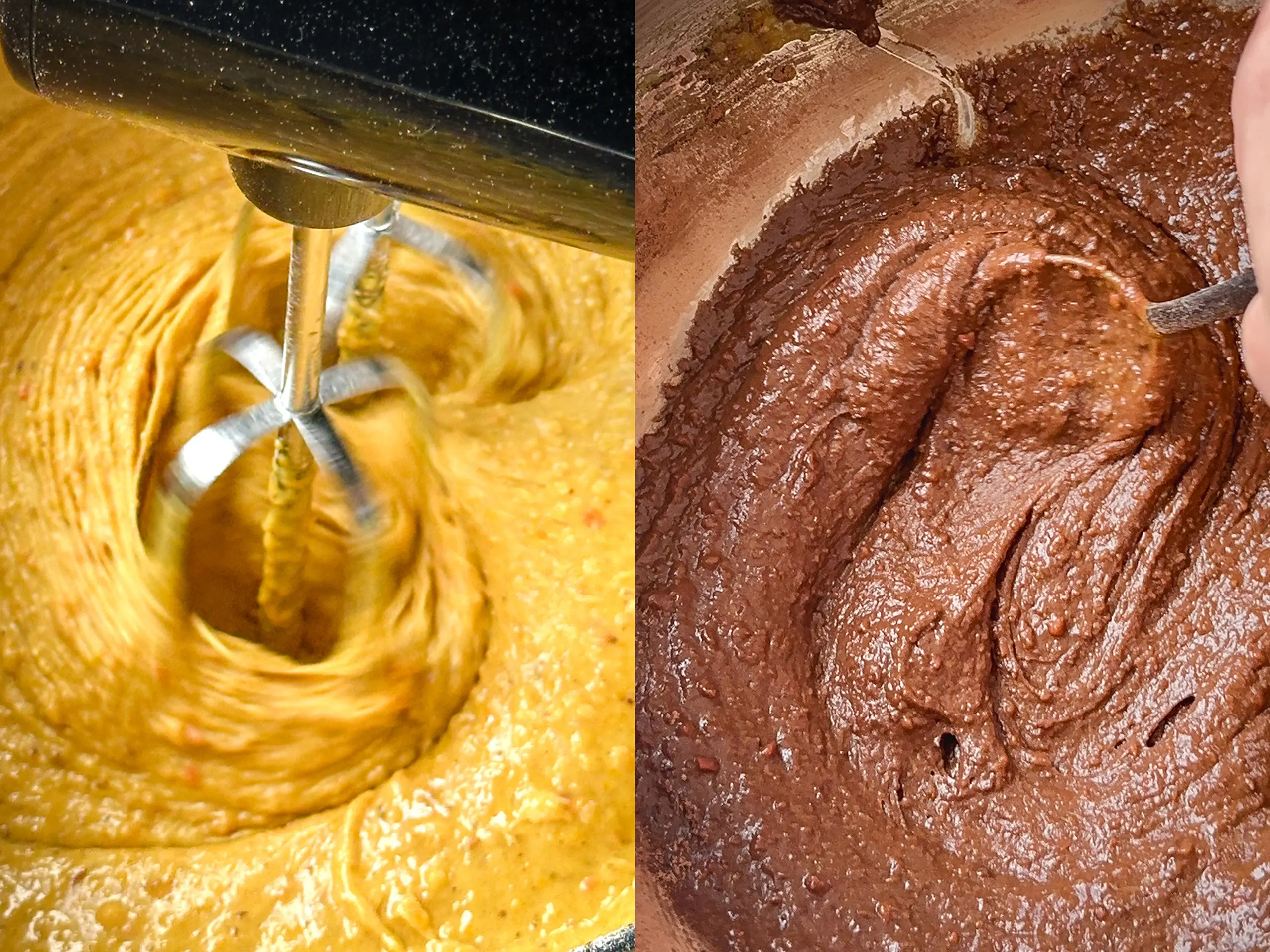 Heller Kürbisteig und Schokoladenteig in zwei Schüsseln für Kürbis-Schokokuchen