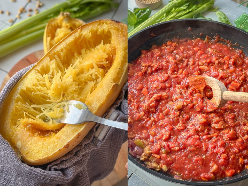 Spaghettikürbis mit Tempeh Bolognese